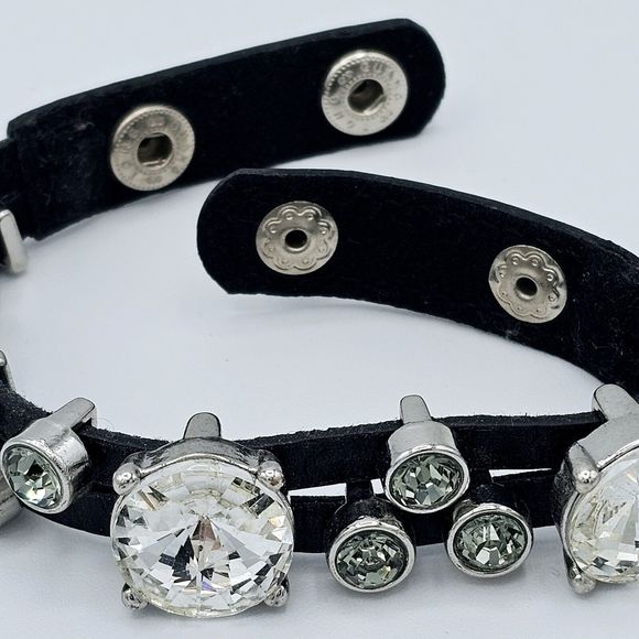 Guang Tong Crystal Stud Wrap Bracelet Cuff Glass Rhinestone Black Leather - Picture 9 of 9